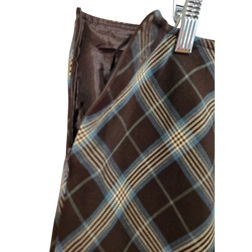 Dress Barn Retro Brown Blue Plaid A-Line Midi Skirt Paneled Bias Cut Lined Sz 16